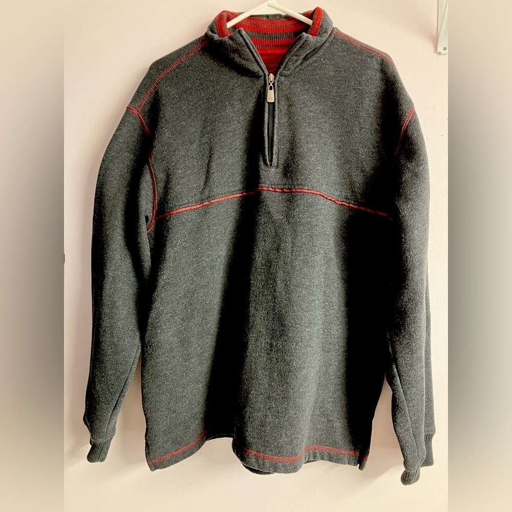 Men’s Pullover Sweatshirt, Large, Gray w Red Trim, Quarter Zipper, Arrow
